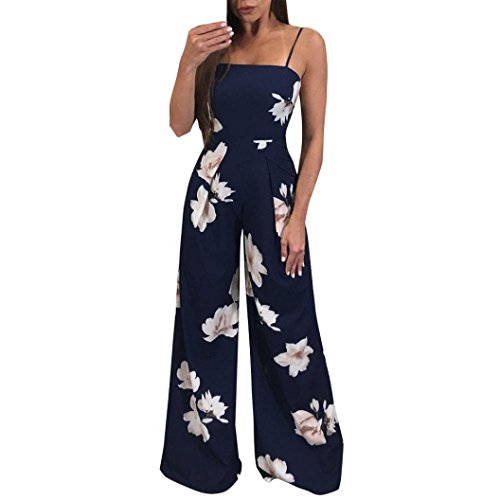 Minisoya Women Backless Floral Clubwear Playsuit Casual Bodycon Party Wide Leg Jumpsuit Romper Long Pants Trousers (Navy, M)