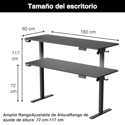 Cakhdry Escritorio elevable, Escritorio Ajustable Altura electrico, 160 * 60CM Escritorio, Escritorio de Pie para Oficina en Casa, con Memoria y Soporte Metálico en T (Negro Carbono)