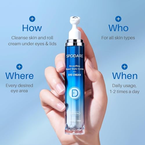 Caffeine Eye Cream, Under Eye Cream for Dark Circles, Puffiness & Puffy Bags, Wrinkles Fine Lines, Eye Roller Serum with 360° Massage Ball for Women and Men - 0.7 fl. oz