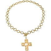 Chunky Cross Necklace for Women Statement Chunky Gold-Tone Necklace Hammered Pearl Cross Pendant Necklaces Vintage Toggle Clasp Necklaces Jewelry