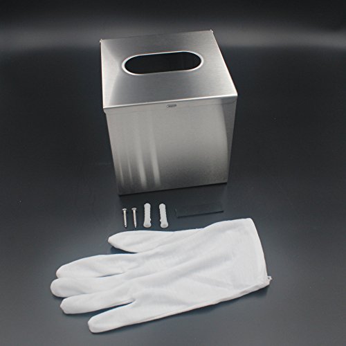 JunSun Square Paper Facial Tissue Box Holder Cover -Wall Mounted or Freestanding Use for Bathroom Vanity Countertops, Bedroom Dressers, Night Stands, Desks and Tables - Stainless Steel, Brushed Nickel