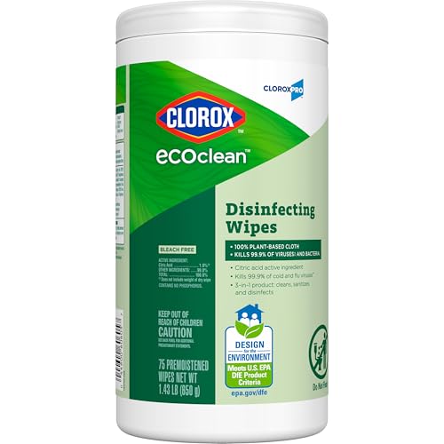 CLOROXPRO CLOROX ECOCLEAN DISINFECTING WIPES, MULTIPURPOSE 100% PLANT BASED CLEANING CLOTHS, ANTIBACTERIAL DISINFECTANT, SAFE FOR MULTI SURFACE USE, 75 COUNT