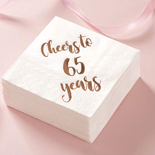 Cheers to 65 Years Cocktail Napkins, 50-Pack 3ply White Rose Gold 65th Birthday Dinner Celebration Party Decoration Napkin - Thumbnail 2