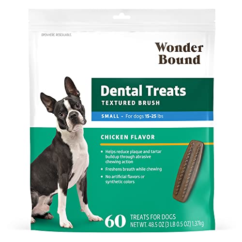 AMAZON BRAND – WONDER BOUND DOG DENTAL TREATS FOR SMALL DOGS (15-25 LBS), REAL CHICKEN FLAVOR, NUBBED TEXTURE FOR PLAQUE & TARTAR CONTROL, FRESHENS BREATH WHILE CHEWING, 60 COUNT