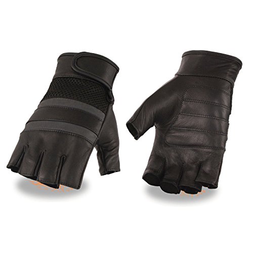 Fingerless Blk Soft Leather Mens reflective band New Mesh Combo Gel palm(L)