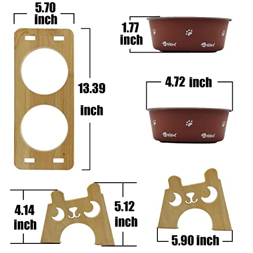 Cat Bowls Stand, Funny Food and Water Feeder for Pet, Interactive Wooden Tilted 15° Feeding Table Set Anti Vomiting, Lovely Cat Table with 2 Resistant Stainless Dishes and Solid Anti-Slip Feet Mat