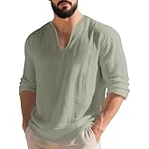 TAFLE Mens Linen V-Neck Shirts Casual Long Sleeve Hippie Yoga Tops Lightweight Summer Beach Shirt