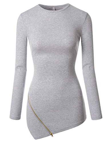 TheLees (NKWZT65) Womens Fitted Crewneck Unbalanced Zipper Long Sleeve Tshirts GRAY US M(Tag size L)