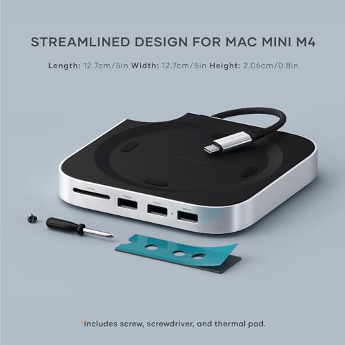 Satechi Mac Mini M4 Hub & Stand with NVMe SSD Enclosure, Dock with 2 USB-A Up to 10Gbps Ports, USB-A Data Port, SD Card Reader for Mac Mini M4, M4 Pro, Optimized Self-Cooling - Silver