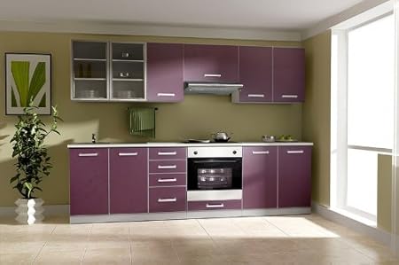 Küche Emma 260cm Küchenzeile/Küchenblock variabel stellbar in aubergine/grau