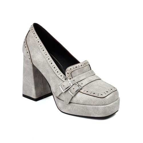 Women's Retro Square Toe Chunky High Heel Brogue Loafers Vintage Carving Comfortable Slip On Platform Block High Heel Pumps Dress Shoes for Uniform Goth Y2k (Silver,5) at Amazon