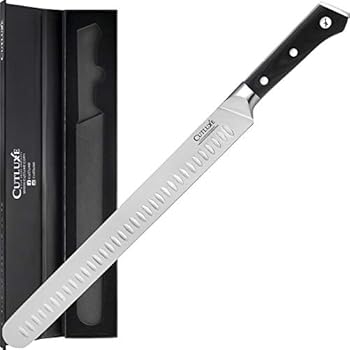Cutluxe Slicing Carving Knife - 12 Inch Granton Edge Knife Forged of High Carbon German Steel - Ergonomic Handle - Full Tang Razor Sharp Blade for Slicing Brisket Turkey Meat