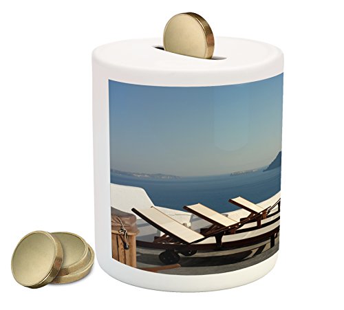 Travel Piggy Bank by Lunarable, Sunlounger at Terrace in Santorini Greece Resort Relaxation Aegean Print, Printed Ceramic Coin Bank Money Box for Cash Saving, Pale Blue White Brown - Thumbnail 4