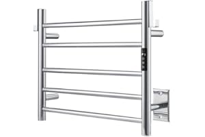 P&Bhusri Heated Towel Rack for Bathroom,Wall Mounted Electric Towel Rack with Timer and LED Indicator, 5-Bar Towel Warmer, Stainless Steel Polished, Hard-Wired/Plug-in