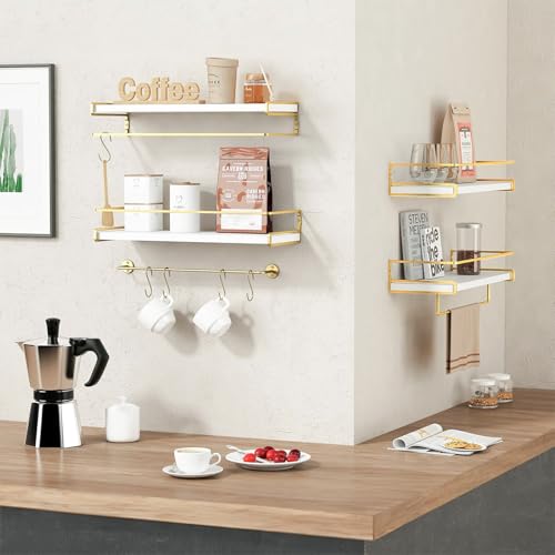 LUMOKU Juego de 2 Repisas Flotantes de Pared,Estantes Flotantes con toallero,Estante de Almacenamiento Repisas para Baño Cocina Cuarto Estar Oficina Dormitorio (Oro Blanco)