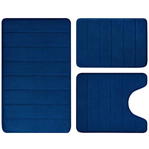 BYSURE Navy Blue Memory Foam Bathroom Rug Set 3 Piece Non Slip Extra