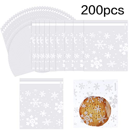 200 Pieces Christmas Cookie Bags Cellophane Treat Bags Snowflake Clear Candy Bag Gifts Goodies Bags with Self Adhesive Seal (4 by 4 Inch)