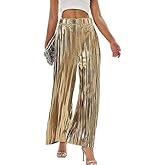 WANLUOSUX Women's Shiny Pleated Wide Leg Pants Party High Waist Casual Women's Clubwear