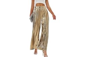 WANLUOSUX Women's Shiny Pleated Wide Leg Pants Party High Waist Casual Women's Clubwear