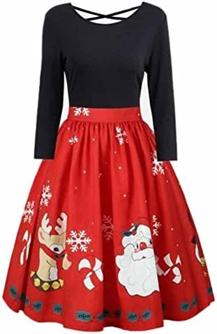 Tsmile Womens Dress Plus Size Christmas Print Criss Cross Party Dress Fashion Long Sleeve Round Collar Casual Dress