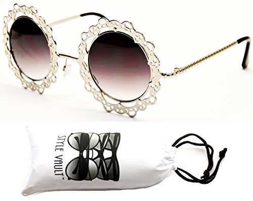 V174-vp Flower Lace Round Circle Metal Vintage Retro Womens Sunglasses (Silver+ Pouch)