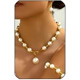 Mexegy Chunky Big Pearl Bracelet Jewelry Sets for Women,Fashionable White Pearls OT Buckle Choker Necklace,Aesthetic Valentine's Day Jewelry Accessories Gift