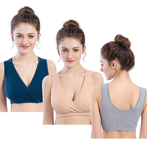 CAKYE Maternity Nursing Sleep Bra Tank for Breastfeeding/Pregnancy (Small, Nude+Grey+atrovirens/3pcs)