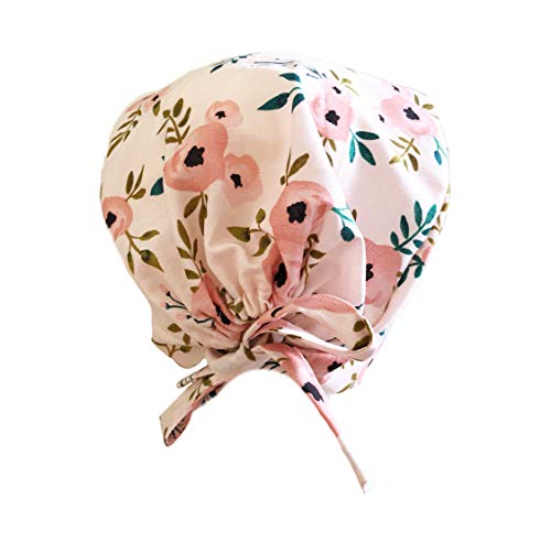 Women's Front Fold Tie Back Scrub Cap Surgical Cap Pink Flowers