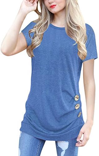 IVVIC Short Sleeve Shirts for Women O-Neck Patchwork Casual Loose Blouse Button Side Tunic Tops Blue(3)-M