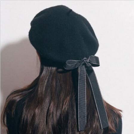 Blue Stones Women's Fashion Black Bow Berets Lace-up Bowknot Beret Hats French Style Woolen Hats Cap