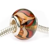 Beadaholique Murano Style Glass Lampwork Pandora Compatible Beads, 14mm, Amber with Red Green Chevron