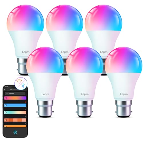 Lepro AI Smart Bulb, B22 Bayonet Smart Light Bulb, Colour Changing LED Bulb, Dimmable Warm White to Cool Daylight WiFi Bulb, Works with Alexa and Google Home, 9W, 806lm, RGBCW, Pack of 6 (2.4GHz Only)