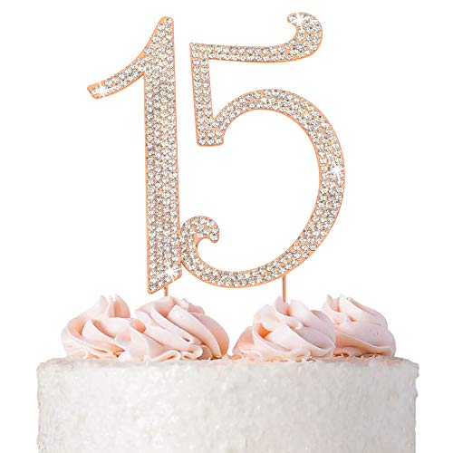 Photo 1 of 15 Cake Topper - Premium Rose Gold Metal - 15th Birthday or Anniversary Party - Sparkly Rhinestone Quinceanera Cake Topper Decoration Makes a Great Centerpiece - Now Protected in a Box