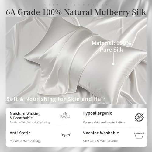 100% Double-Sided Silk Pillowcase, 22 Momme, 6A, Washable, Hidden Zipper, Prevents Hair Frizz, Antibacterial and Anti-Static, Suitable for Sensitive Skin (White, 1PC 51x66cm（20" × 26"）)