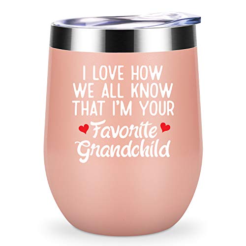 I Love How We All Know That I'm Your Favorite Grandchild - LEADO 12 oz Stainless Steel Wine Tumbler with Lid and Straw, Insulated Stemless Sippy Cup, Perfect Birthday Gift for Grandma (Blush Gold)