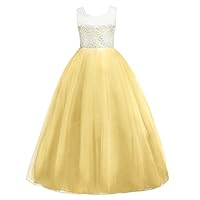 Little Big Girls Floor Length Lace Tulle Bridesmaid Dress Flower Wedding Pageant Party Prom Long Maxi Evening Dance Gown Yellow 15-16