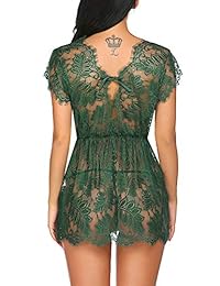 Avidlove Women Sexy Lingerie Eyelash Lace Babydoll Deep V Nightwear Mesh Sheer Chemises