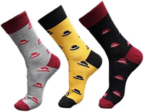Tomily Mens Sports Cotton Crew Sock Moustache/Hat Pattern 3 Pack (Hat Pattern)