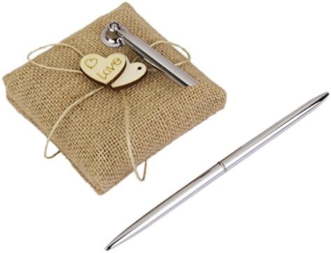 FYUE Burlap Bowknot Hearts Embellished Wedding Reception Guest Pen with Stand Wooden