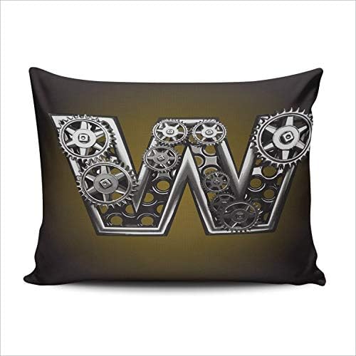 ONGING Decorative Pillowcases W Letter with Gears Customizable Cushion Lumbar Size 12x20 Inch Throw Pillow Cover Case Hidden Zipper One Sided Design Printed