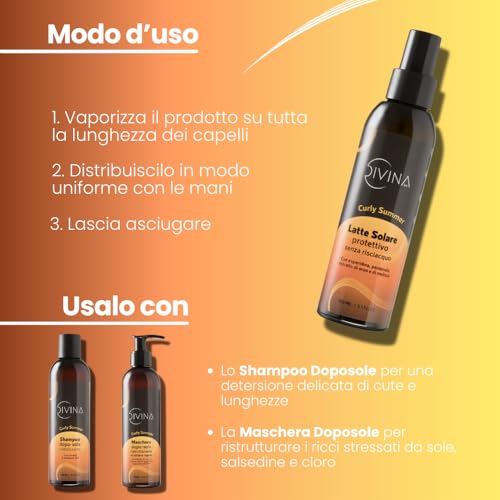 Divina BLK Curly Summer Sunscreen Leave-In Protection Sun Milk for Wavy, Curly and Super Curly Hair by Divina BLK with Hesperidin, Panthenol, Barley Extract and Lemon Balm (150ml)