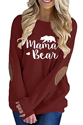 Pink Queen Womens Wine Red Long Sleeve Mother Bear Printing Blouse Top Ruby S