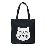 Cotton Canvas Shoulder Tote Bag Handbag Casual Travel Beach Bag Heavy Duty Grocery Shopping Bag (Black Cute Cat, No Closure)