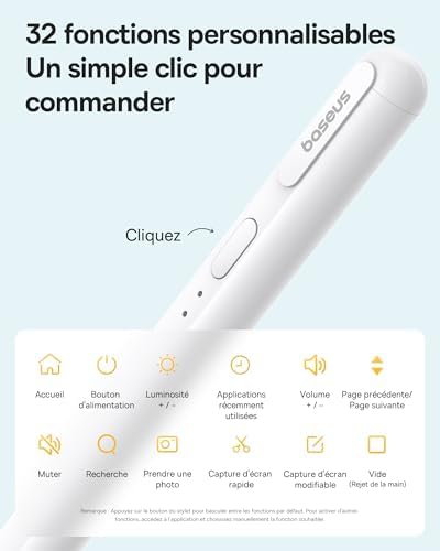 【1:1 Original】Baseus Stylo Compatible avec iPad 2018-2025, Jumelage Sans Fil, 32 Fonctions Personnalisables, 17h de Batterie, Pencil pour iPad 6/7/8/9/10, iPad Pro 11“/12.9“/13“, Air 3/4/5/6, Mini 5/6