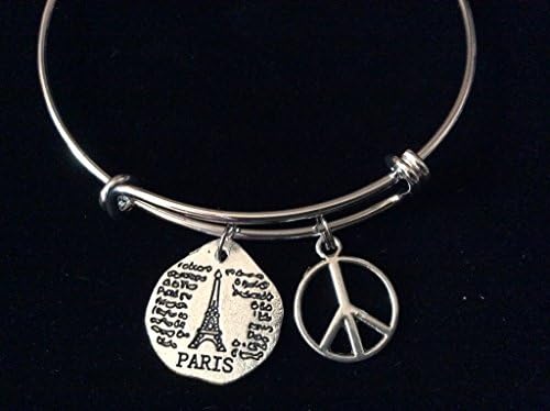 Paris Silver Peace Sign Expandable Charm Bracelet Adjustable Bangle