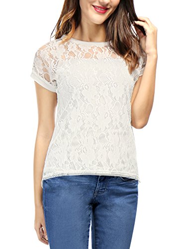 Allegra K Women's Curved Hem Sheer Short Sleeves Floral Lace Top M White