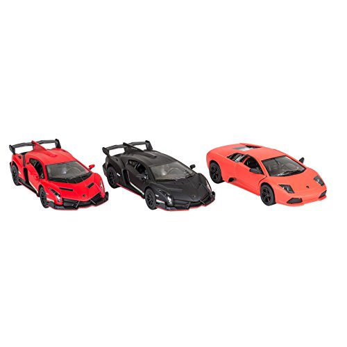 3 Pc Set - Assorted Lamborghinis Hot Colors 5 Inch Die Cast Toy Cars, Black Red Coral