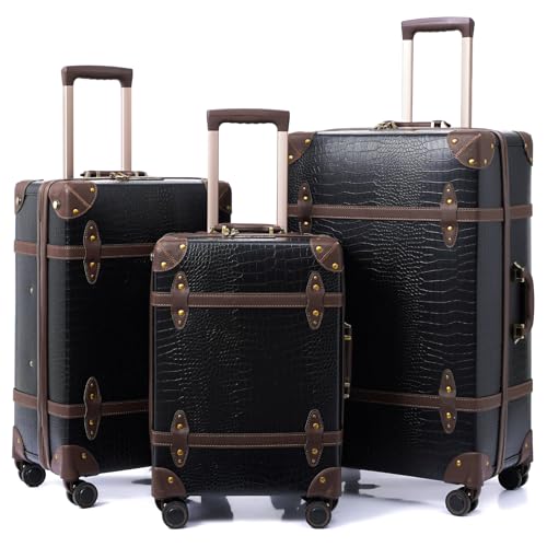 urecity Vintage Luggage Set 20"/24"/28" – Retro PU Leather Suitcase with TSA Lock, 360° Spinner Wheels & Telescopic Handle – Lightweight Travel Trolley (Crocodile Black)