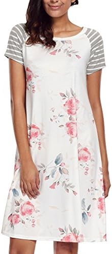 Womens Floral Dresses A-line Round Neck Loose Short Sleeve Casual T-shirt Dress