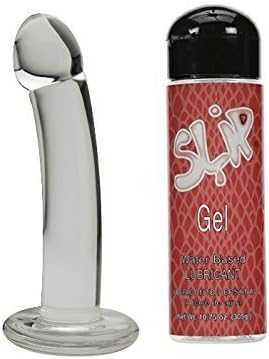 New Spartacus Blown Basic Curved 6 inch Harness Ready Glass Dong with Base Clear with Free Long Lasting Water-based Personal Lubricant Forplay Slip 10.75 Oz